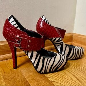 Red Croc-Effect Zebra Print Mary Jane Platform Heels